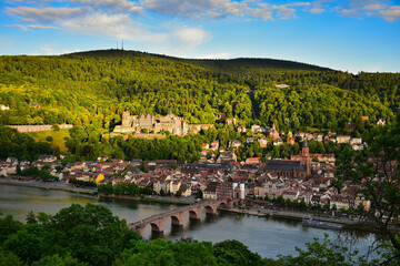 The historic city of Heidelberg with the castle, the Old Bridge, river Neckar and the Bridge Gate. Germany.