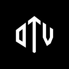 OTV letter logo design with polygon shape. OTV polygon and cube shape logo design. OTV hexagon vector logo template white and black colors. OTV monogram, business and real estate logo.