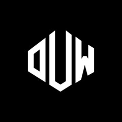 OUW letter logo design with polygon shape. OUW polygon and cube shape logo design. OUW hexagon vector logo template white and black colors. OUW monogram, business and real estate logo.