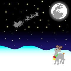 New Year 2022 Santa Claus in a sleigh with reindeer flies to the moon Christmas