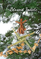 Blessed Imbolc greeting card. ireland amulet from straw, magic witchcraft doll on snowy pine tree....
