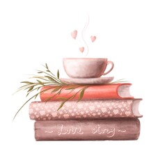 books and cup of hot drink with hearts, valentines illustration, watercolor style clipart