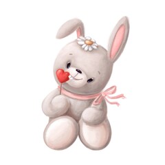 cute little hare with heart lollipop, watercolor style illustration, valentines clipart with cartoon character