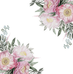 Pink roses Frame, Summer rustic peony border, Greenery watercolor flowers frame, dusty pink and green tones, Floral hand painted arrangement, wedding design, invitations, Isolated on white background