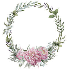 Summer rustic peony border, Pink roses circle wreath, Greenery watercolor round frame, dusty pink and green tones, Floral hand painted arrangement, For save the date card, wedding design, invitations