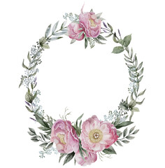 Pink roses wreath, Greenery watercolor round frame, pink and green tones, Summer rustic peony border, Floral hand painted arrangement, For save the date card, wedding design, invitations, greetings