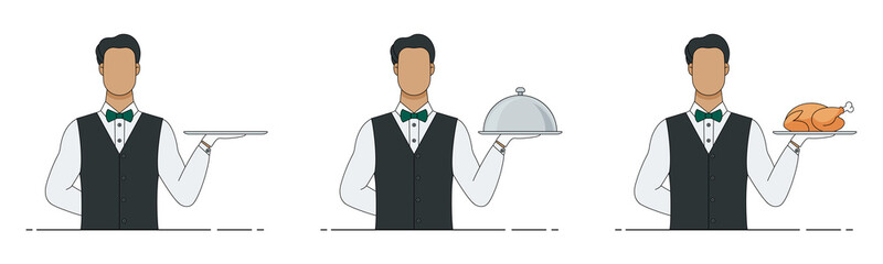 Waiter holds empty serving tray, platter with cloche and plate with baked bird. Vector flat simple illustration