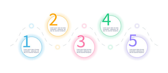 5 steps infographic design template with glow and luminescence. Path between circles