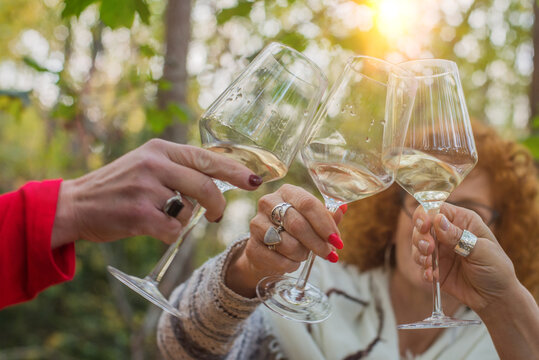 WOMAN TOASTING EACH OTHER in the woods