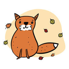 The autumn fox is sitting. Cute animal and leaf fall illustration in cartoon style