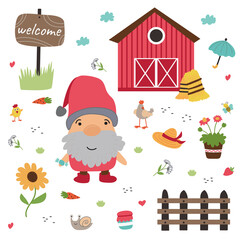 Obraz na płótnie Canvas Little gnome illustration. Bundle set with a Dwarf Farmer and agricultural items and animals: haystack, barn, chickens, flowers and a fence. Cartoon style