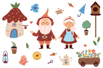 Grandparents are garden gnomes. Bundle a set with forest objects: a cart with flowers, a birdhouse, a watering can, gloves, etc. Illustration in cartoon style