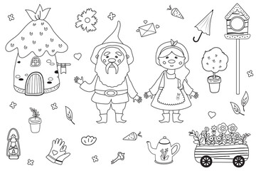 Fototapeta na wymiar Grandparents are garden gnomes. Bundle a set with forest objects: a cart with flowers, a birdhouse, a watering can, gloves, etc. Cartoon Coloring Page or Book for Kids and Adults