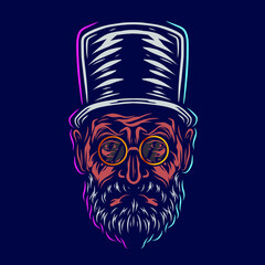 Old man bearded line art logo. Colorful design with dark background. 