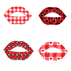 Set lips heart gingham, vichy backgrounds in red, black, white, or other Valentines day holiday textile design.