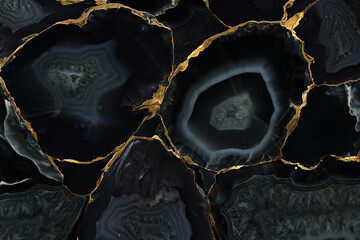 Agate Gemstone slices, marble texture in kintsugi style cracks and craquelure. Golden metallic...