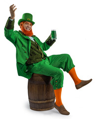 Leprechaun elf on St. Patrick's Day. Cheerful character Irish leprechaun for advertising with a red...