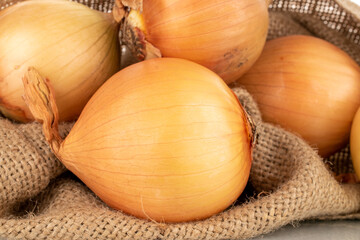 Three bright golden bulbs with burlap , macro.