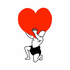 man holding a big red heart.drawing in a linear style.image on white background.modern typography design.vector illustration perfect for greeting card,postcard,social media,web design,poster,bags,etc