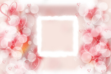 Valentines day card template. Abstract festive blur bright pink pastel background with a frame and hearts bokeh made for valentine or wedding card. Space for design. Card concept.