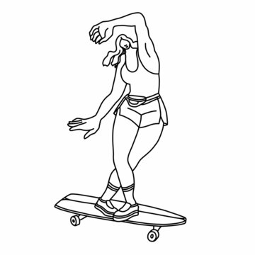 stylized girl in a linear style on a skateboard with a bag on his belt.black image on a white background.modern graphic design perfect for social media,poster,web design,sticker,magazine,t-shirt,etc