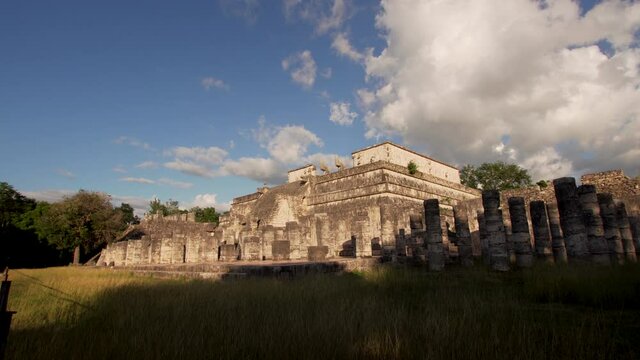 Timelapse of temple of the Warriors (Templo de los Guerreros) in Chichen Itza, Mexico. It's a complex consists of large stepped pyramid fronted and flanked by rows of carved columns depicting warriors