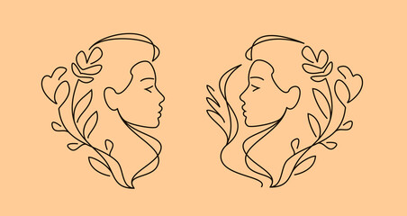 Woman with flowers. Abstract beautiful female face in modern minimalist simple linear style