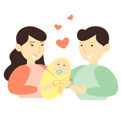 Vector illustration of a young family with a baby in her arms. Discharging from maternity hospital. Family. Husband and wife with a child.