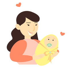 Vector illustration of a happy brunette with a baby in her arms. Happy loving mother. Give a birth to a baby. Isolated