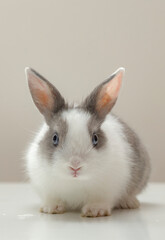 white and grey rabbit on a grey background