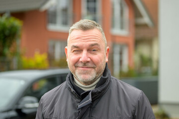 Smiling playful middle-aged man winking at camera