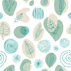 seamless pattern of flowers and colored spots. hand-drawn plants. abstract pattern. symbols, points, circles, lines. Vector stock illustration. White background
