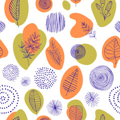 seamless pattern of flowers and colored spots. hand-drawn plants. abstract pattern. symbols, points, circles, lines. Vector stock illustration. White background
