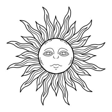 Stylized sun with face hand drawn in black ink outline, traditional ethnic Slavic symbol for Shrovetide or Maslenitsa, astrologic sign vintage concept. Heraldy medieval Tattoo design.