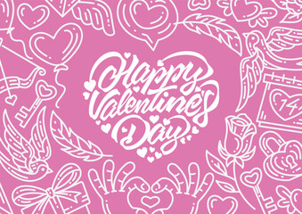 Happy valentines day text lettering heart shape with doodle frame valentine elements
