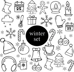 doodle winter christmas icon set