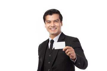 Handsome business man in black suit holding credit card isolated on white background. Business, technology, ecommerce and online payment concept.