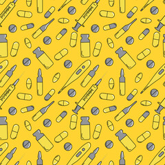 Yellow seamless patterns of tablets (pills), syringe, vaccines and thermometerand, pixels 1000x1000.