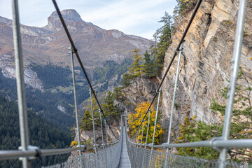 Swiss alps landscape. Hanging bridge in the middle of mountains. Autumn colors. Walking trail in nature. Outdoor adventure experience. Green forest valley landscape