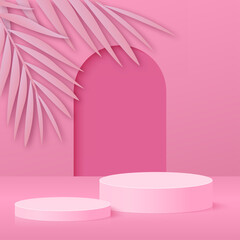 Abstract background with pink color geometric 3d podiums. Vector illustration.