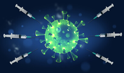 Représentation Virus COVID-19, variant Omicron, Deltacron, Delta, BA.2 avec seringue pour nombre de vaccin