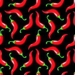 Red spicy chili pepper vegetables on black background seamless pattern. Vector illustration.