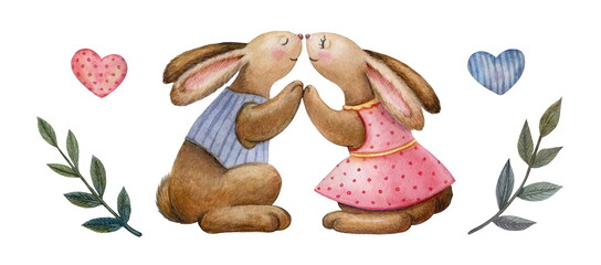 Watercolor illustration, rabbits in love. For Valentine's Day, wedding decor. © Галина Смирнова