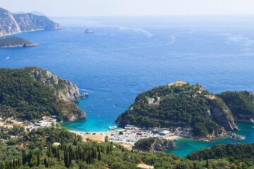 Fototapeta na wymiar Panoramic view of the sea and coast on the sunny day. Corfu. Greece.