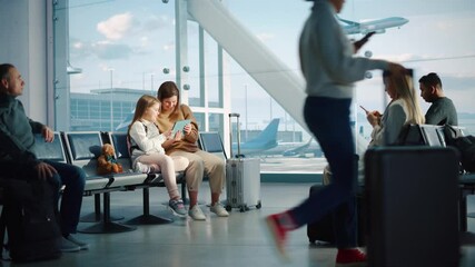 Airport Terminal: Cute Mother and Little Daughter Wait for their Family Vacation Flight, Play Educational Games on Digital Tablet. People Sitting in Boarding Lounge of Airline Hub with Airplanes Fly