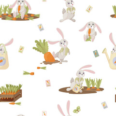 Gray rabbits. Carrot and rabbit pattern. Cute childish print of vegetables and animals. Vector illustration.