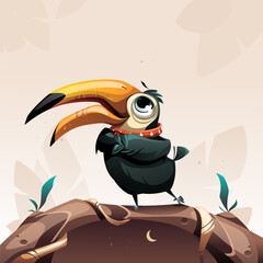 colorful illustration of toucan who sits on the tree foreground of sea waves © Ksuview