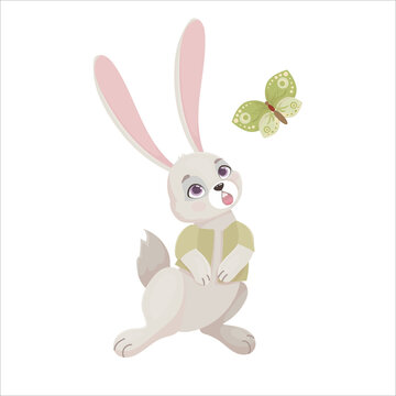 Funny Rabbit catches butterflies in a cartoon style. Hare is a farmer. Vector illustration isolated on white background.