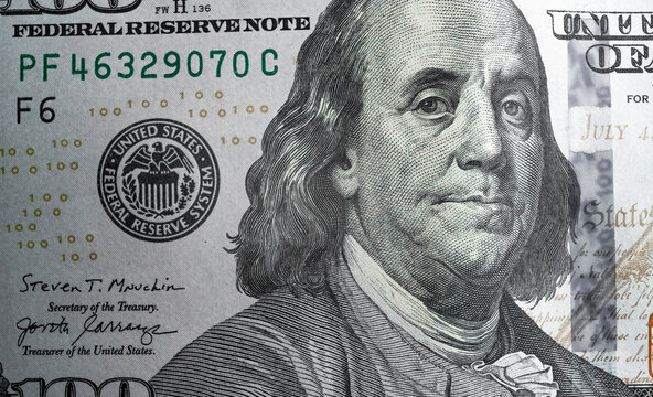 100 dollar details. Close up of portrait USD.