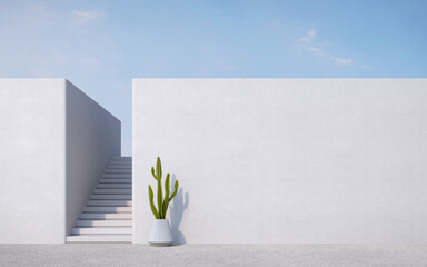 Empty concrete wall with stair,cactus and blue sky.Minimal style architecture.3d rendering